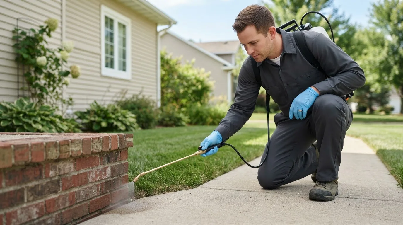Pest control technician treating a home near Ellwood City, PA